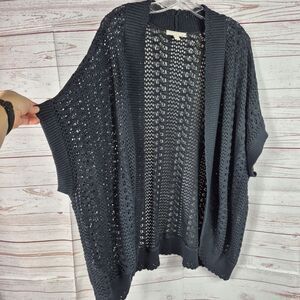 Woman Within Plus Size 3X 30/32 Black Crochet Short Sleeve Open Cardigan Office